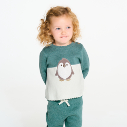 سترة منسوجة بالدرز، مع رسمة بطريق مطرز للفتيات الصغيرات